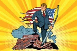 Trump Standing on Ruins with US Flag