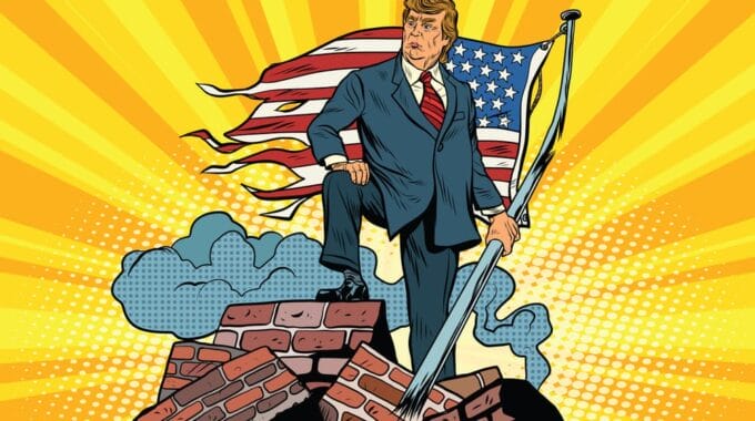 Trump Standing on Ruins with US Flag