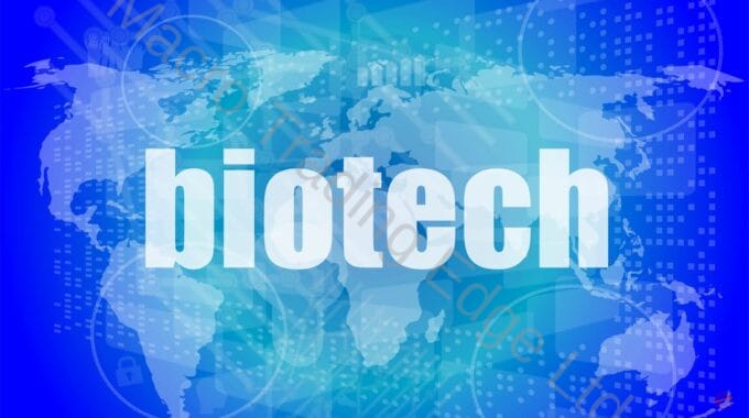 Biotech over blue world map with hi-tech theme