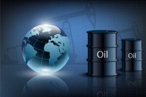 Globle and oil barrels on Oil Pump background