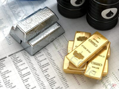 Financial Data with Oil Barrels plus Gold and Silver Bars