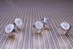 Metal dice with the currency symbols of Europe, England, United States, Russia, Japan, and China on a steel mesh background