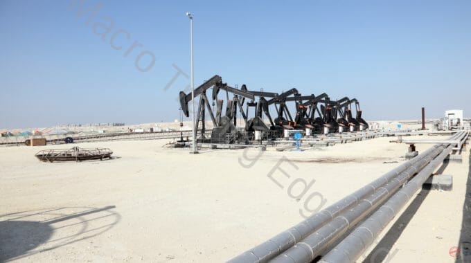 Black oil pump jacks in the desert of Bahrain, Middle East